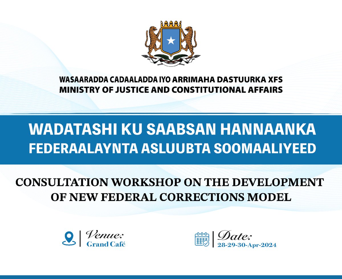 @MojSomalia has today launched a three-day long consultation workshop focused on the development of new Federal Somalia corrections model in Mogadishu. stay tuned for more updates.