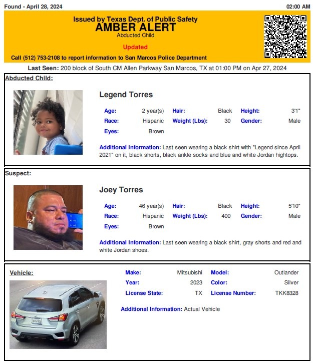 DISCONTINUED STATEWIDE AMBER ALERT for Legend Torres from San Marcos, TX, on 04/28/2024,TX plate TKK8328