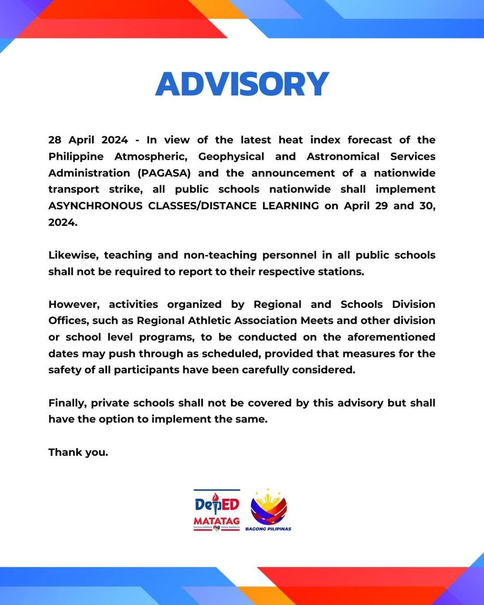 DEPED ADVISORY

28 April 2024 - In view of the latest heat index forecast of the Philippine Atmospheric, Geophysical & Astronomical Services Administration & the announcement of a nationwide transport strike, …