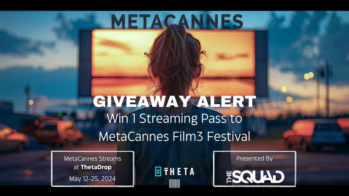 GIVEAWAY! Tomorrow, May 1 #MetaCannes 
We’re giving away a Streaming Pass! 
To enter:  
1 Like this post 
2 Follow us 
3 Tag a friend you’d like to come to @MetaCannes   
Winner announced tomorrow in @jordanbayne #Film3 OG show
@ThetaDrop @Theta_Network #Theta @w3Andrea