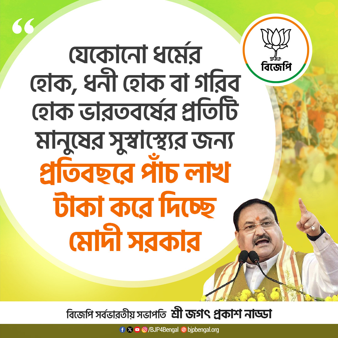 BJPTarakeswar's tweet photo. যেকোনো ধর্মের হোক, ধনী হোক বা গরিব হোক ভারতবর্ষের প্রতিটি মানুষের সুস্বাস্থ্যের জন্য প্রতিবছরে পাঁচ লাখ টাকা করে দিচ্ছে মোদী সরকার।

- সর্বভারতীয় সভাপতি শ্রী @JPNadda 

#JitbeBanglaJitbeBJP https://t.co/hKgBhDUygC
