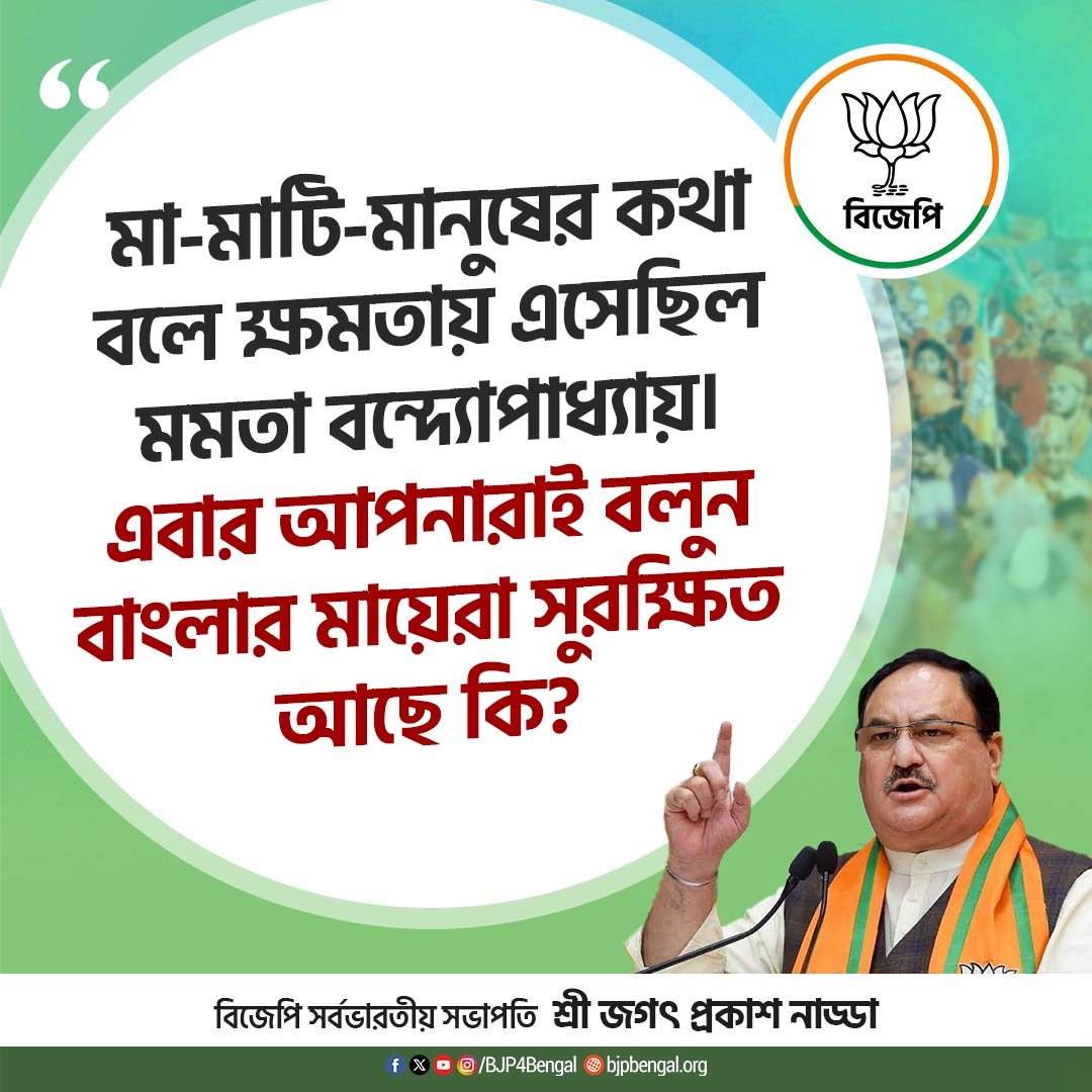 BJPTarakeswar's tweet photo. মা-মাটি-মানুষের কথা বলে ক্ষমতায় এসেছিল মমতা বন্দ্যোপাধ্যায়। এবার আপনারাই বলুন বাংলার মায়েরা সুরক্ষিত আছে কি?

- সর্বভারতীয় সভাপতি শ্রী @JPNadda 

#JitbeBanglaJitbeBJP https://t.co/JbepWGkWI0