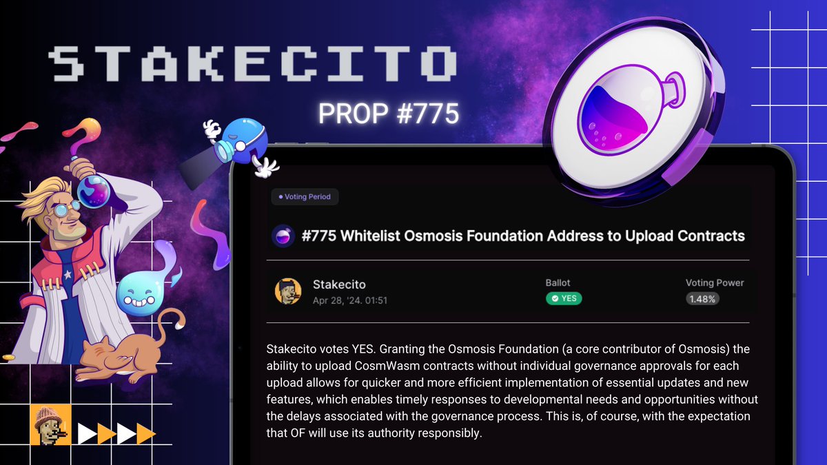 stakecito's tweet photo. $OSMO 🧪 Prop #775:
Whitelist Osmosis Foundation Address to Upload Contracts
📍Proposal: https://t.co/4lK1HwY0NB
📍Forum Post:
https://t.co/1ZEGMjhrHj
Vote Ends: April 29, 2024
Our verdict below👇
#VoteCito https://t.co/k7g7pz6q68