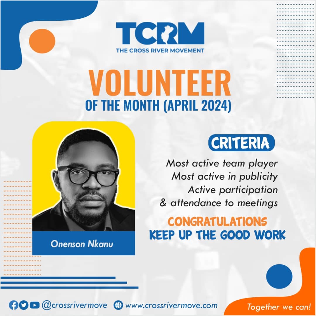 Thank you for serving with us 
Join TCRM Volunteers Community Today crossrivermove.com 

#CivicEngagement #TCRM #ActiveCitizenship #thecrossrivermovement #Crossriverstate #Nigeria #GoodGovernance #goodgovernancenigeria