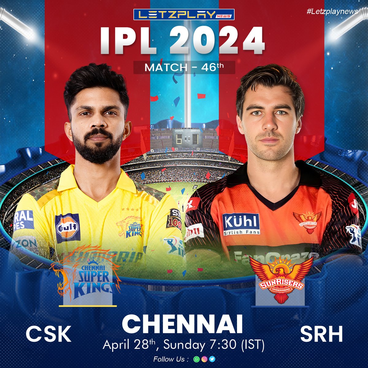 🔥 Get ready for an epic showdown as Chennai Super Kings take on Sunrisers Hyderabad tonight at 7:30 PM IST on April 28th, 2024! 🌟

Don't miss out on the action! 🔥

#CSKvsSRH #IPL2024 #CricketFever #PredictToWin #ContestAlert #ChennaiSuperKings #SunrisersHyderabad #Cricket