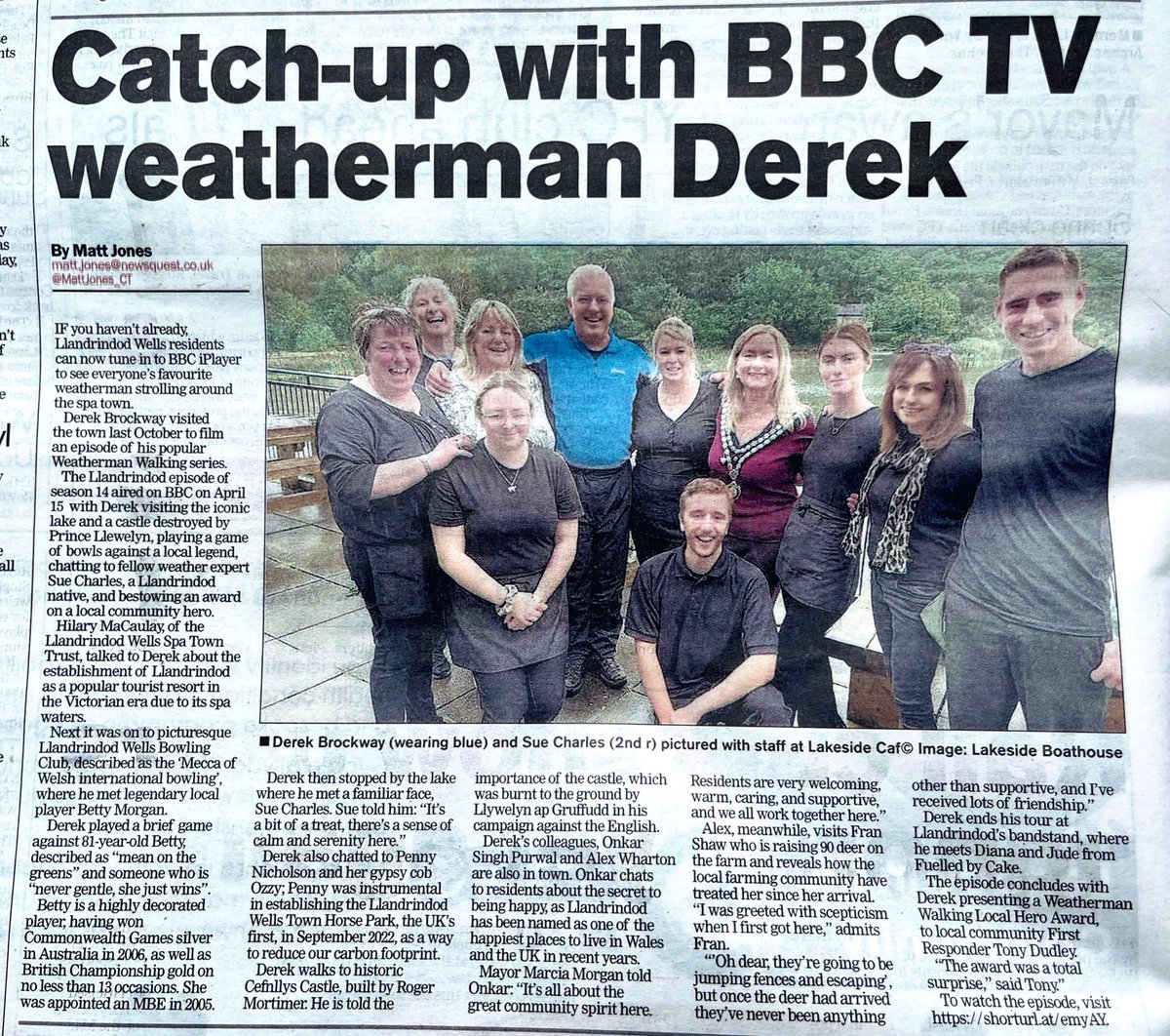 Enjoyed talking with @DerekTheWeather about my home town of Llandrindod Wells, for the new series of ‘Weatherman Walking’. Nice write-up about it in the local paper, the Powys County Times, this week. 📺