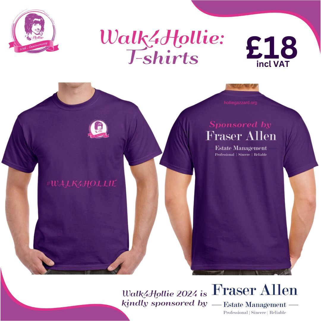 💜 WALK4HOLLIE 2024 🥾 Just 2 weeks until Walk4Hollie 2024! As well as the 10km walk, we have now also arranged a circa 6.5km route. So, if you would like to take part but feel that 10km is too far you can still join us. Order your #Walk4Hollie t-shirts: buff.ly/3xTTTXG