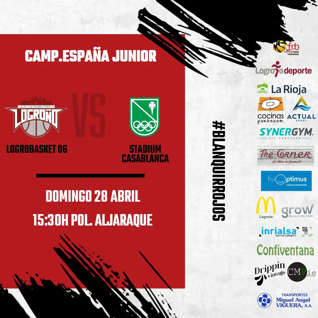 Último encuentro del fin de semana el que disputará en Huelva el equipo juvenil de segundo año. LogroBasket 06 🏆 Camp de España 🕞 15:30 🆚 Stadium Casablanca 📍Pol. Aljaraque 📺 canalfeb.tv/live-lfendesa?…