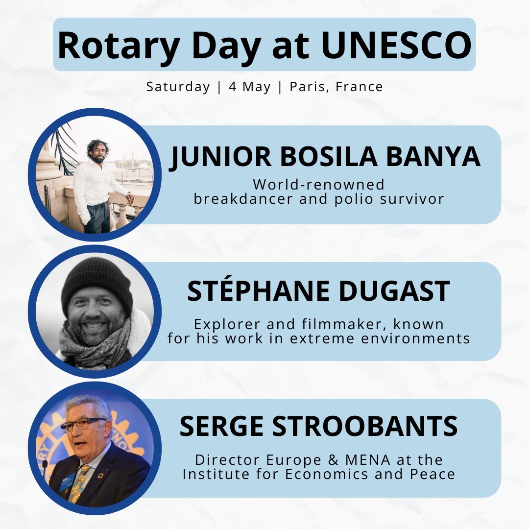 Join us on May 4th for Rotary Day at @UNESCO in Paris! 🌍🕊️Engage in sessions on greening education, technology in education, and more. Speakers include: 📌 Junior Bosila Banya 📌 Stéphane Dugast 📌 Serge Stroobants 📅 Secure your spot now: on.rotary.org/49PAGUt