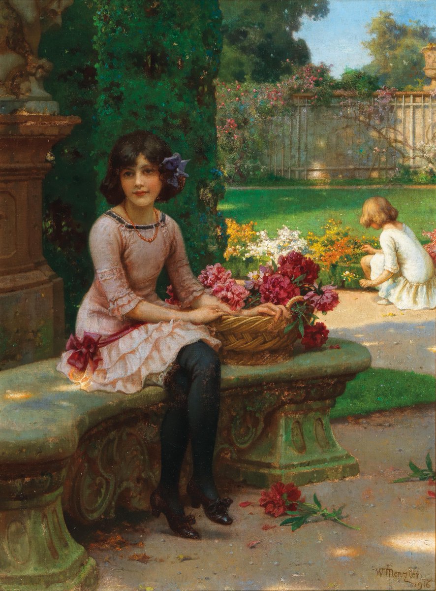 'Una niña con flores sentada en un banco del parque', 
del pintor alemán Wilhelm Menzler Casel (1846-1926).