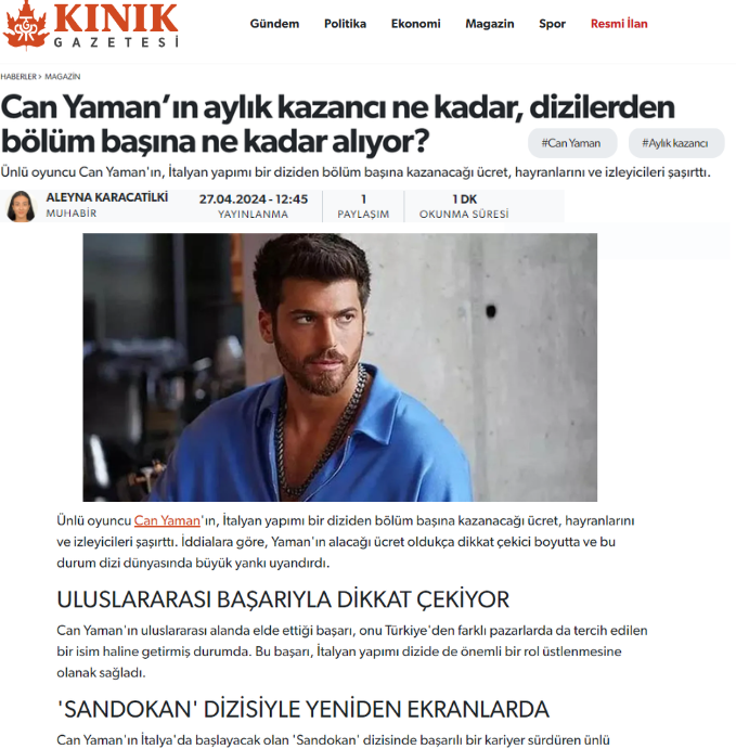one of the articles in the Turkpress, built on Can's fee, which, however, proves his success on the international stage and his value in the world of TVseries. They appreciate his success and mention Sandokan as his milestone in his career🙃
Happy Sunday to everyone🌻
#CanYaman