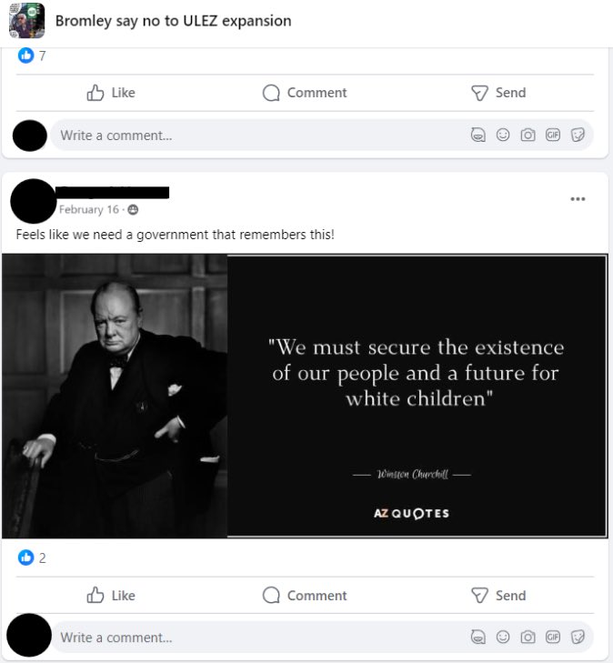 We found antisemitic posts, and a white supremacist slogan that was shared in two groups, falsely described as a Winston Churchill quote