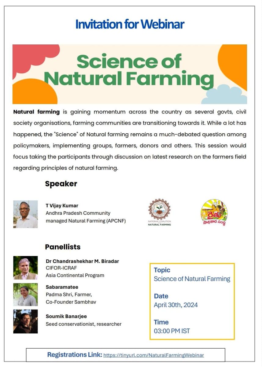 Join us for a webinar on the 'Science of Natural Farming' featuring our Executive Vice Chairman @vijaythallam , as we draw experiential insights from @APZBNF. The webinar will take place on April 30, 2024, at 3 PM. us02web.zoom.us/webinar/regist…