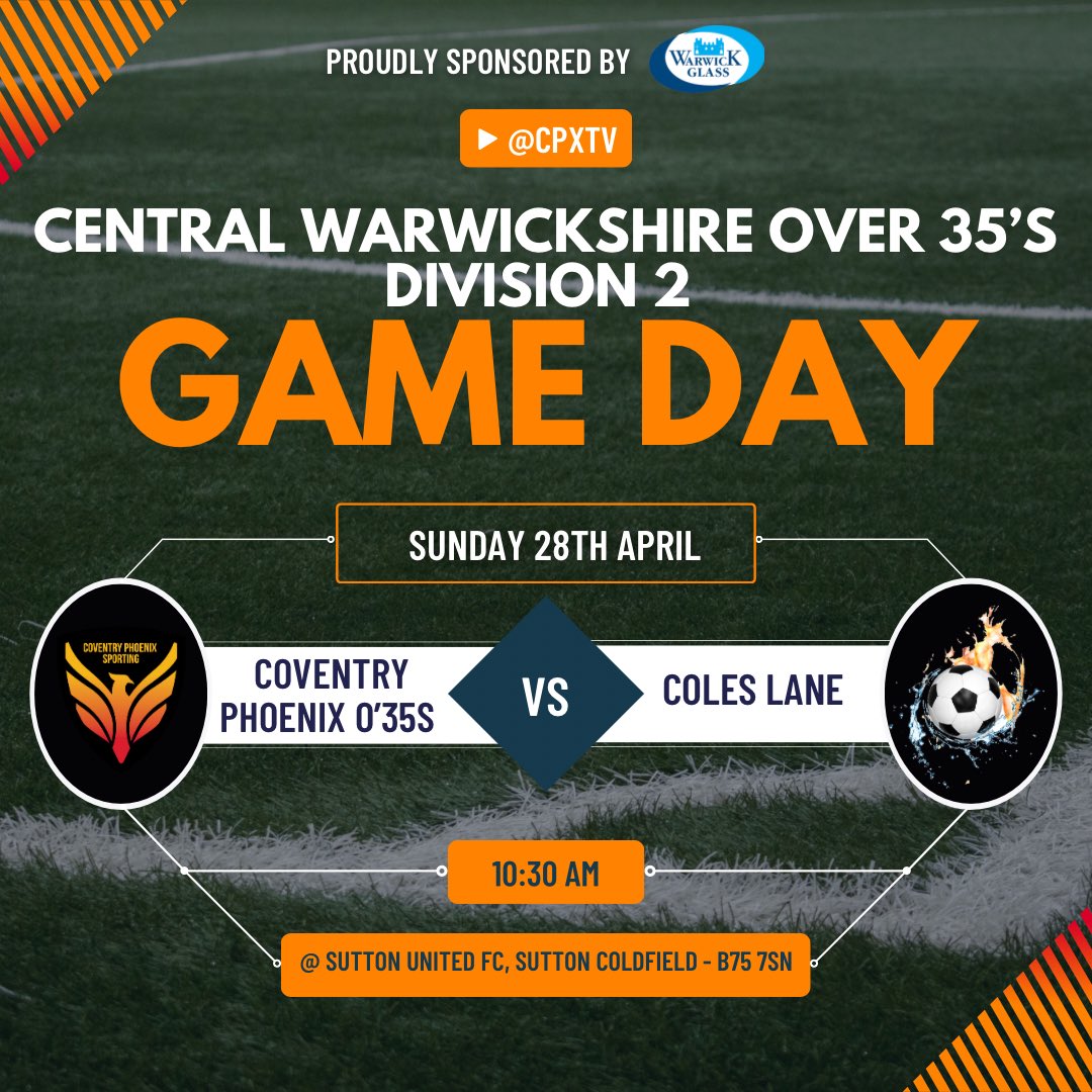 GAME DAY ⚽️

🏆 Division 2 

Cov Phoenix O35’s vs Cole’s Lane

<a href="/GerrardKennels/">GERRARD GROOMING & KENNELS</a> sponsor our over 35s side, they are a highly reputable dog grooming business in Coventry.