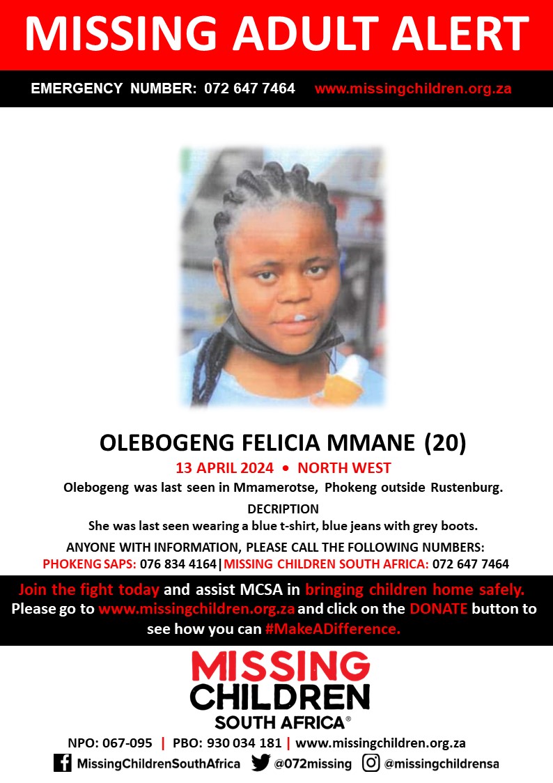 #MCSAMissing Olebogeng Felicia Mmane (20) was last seen 13 April 2024. If you personally, or your company | or your place of work, would like to make a donation to #MCSA, please click here to donate: missingchildren.org.za/page/donate