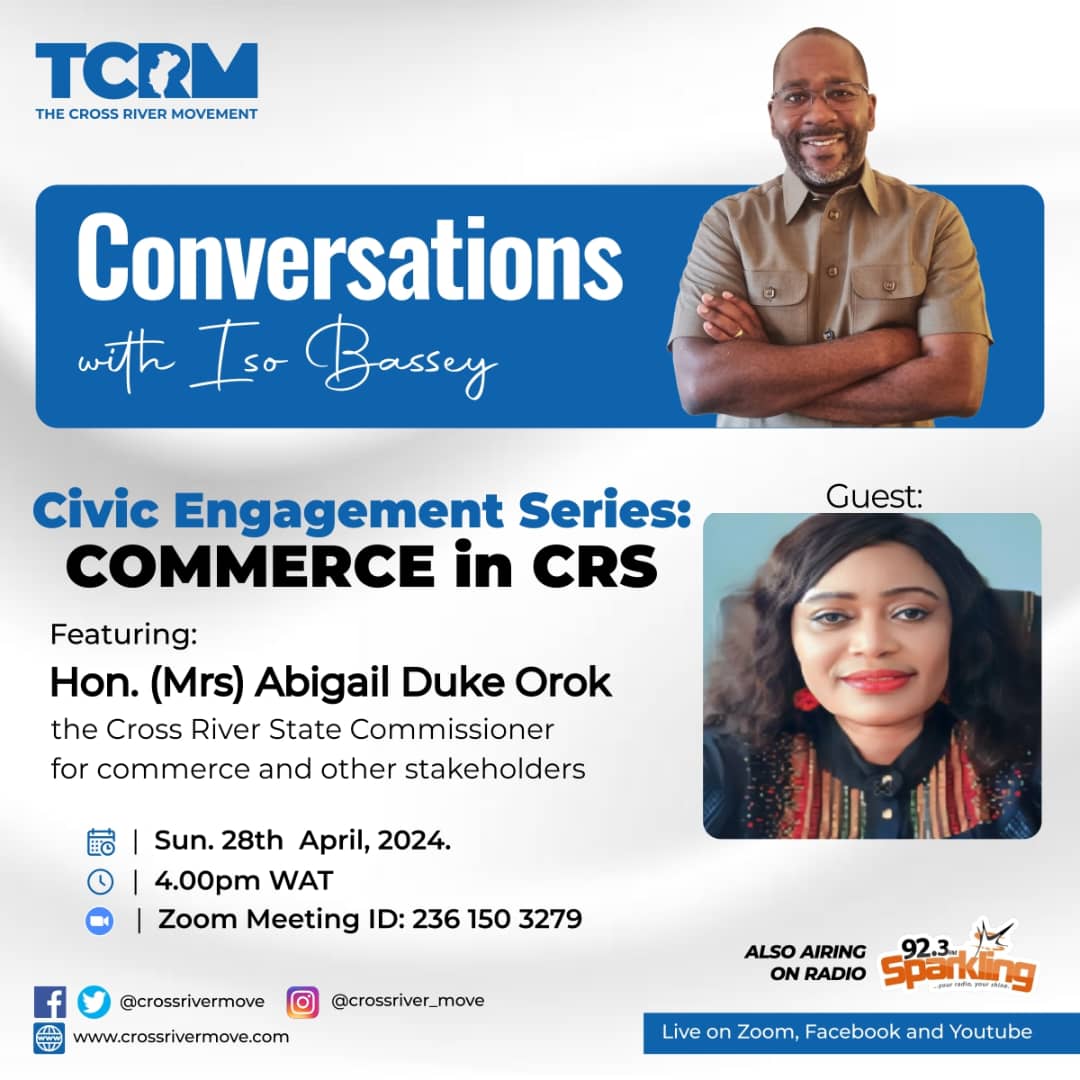 Save the date 📅 
🌐 *TCRM conversation: Civic Engagement Series: Commerce*

📆 *Date:* Sunday, 28th April 2024  
🕓 *Time:* 4:00 PM West African Time  
📍 *Venue:* Zoom 

Join the WhatsApp community Here for more updates from TCRM 👇🏽👇🏽
bit.ly/TCRMcommunity

#TCRM #Commerce