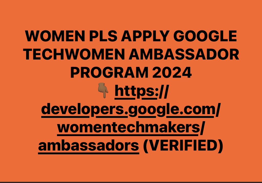 WOMEN PLS APPLY GOOGLE TECHWOMEN AMBASSADOR PROGRAM 2024

👇🏾

LINK: developers.google.com/womentechmaker… 
(VERIFIED)

@Portfolioo9 
@Web9Ng 
@Market9Ng