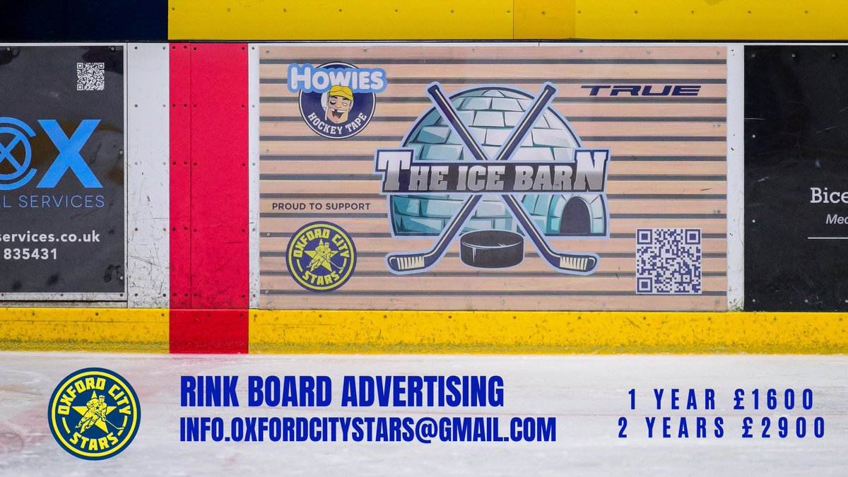 Get your business in the spotlight at Oxford Ice Rink Secure your rink board now: 1 year for £1600 (renewal is £1300) or 2 years for £2900. We've got you covered with printing, fitting, season tickets, and media announcements. Contact Info.oxfordcitystars@gmail.com
