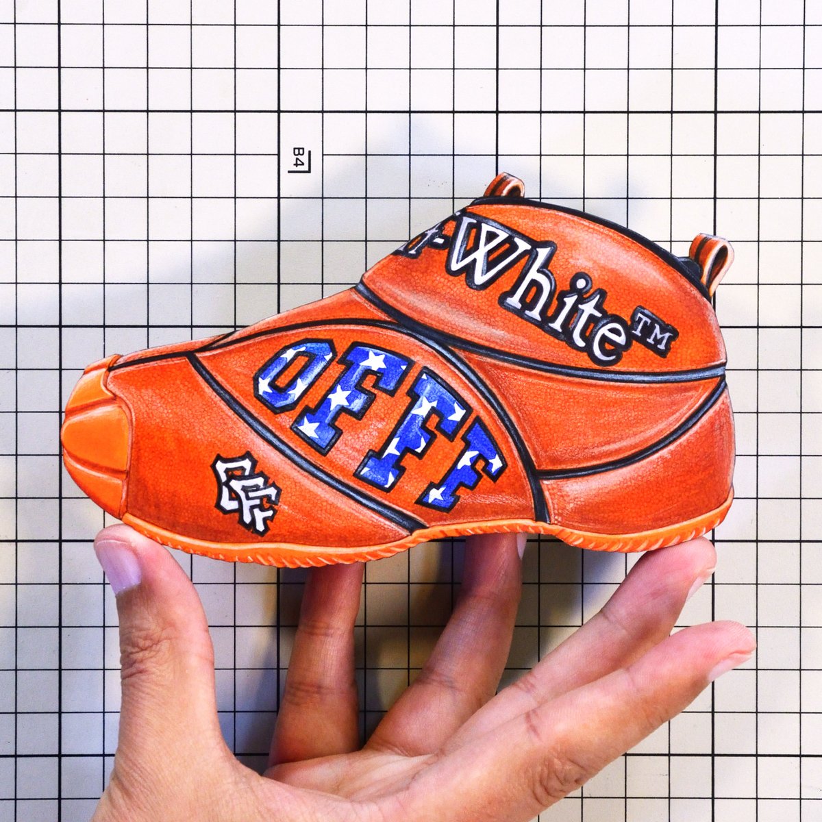 【今日の靴】02233足目🏀⛹️‍♀️
“Off-White™” The Baller Basketball Shoe（FW2024）

#offwhite #IbrahimKamara #basketball #sneakers #illustration #copic #copicmarkers #スニーカー #切り絵 #イラスト #コピック