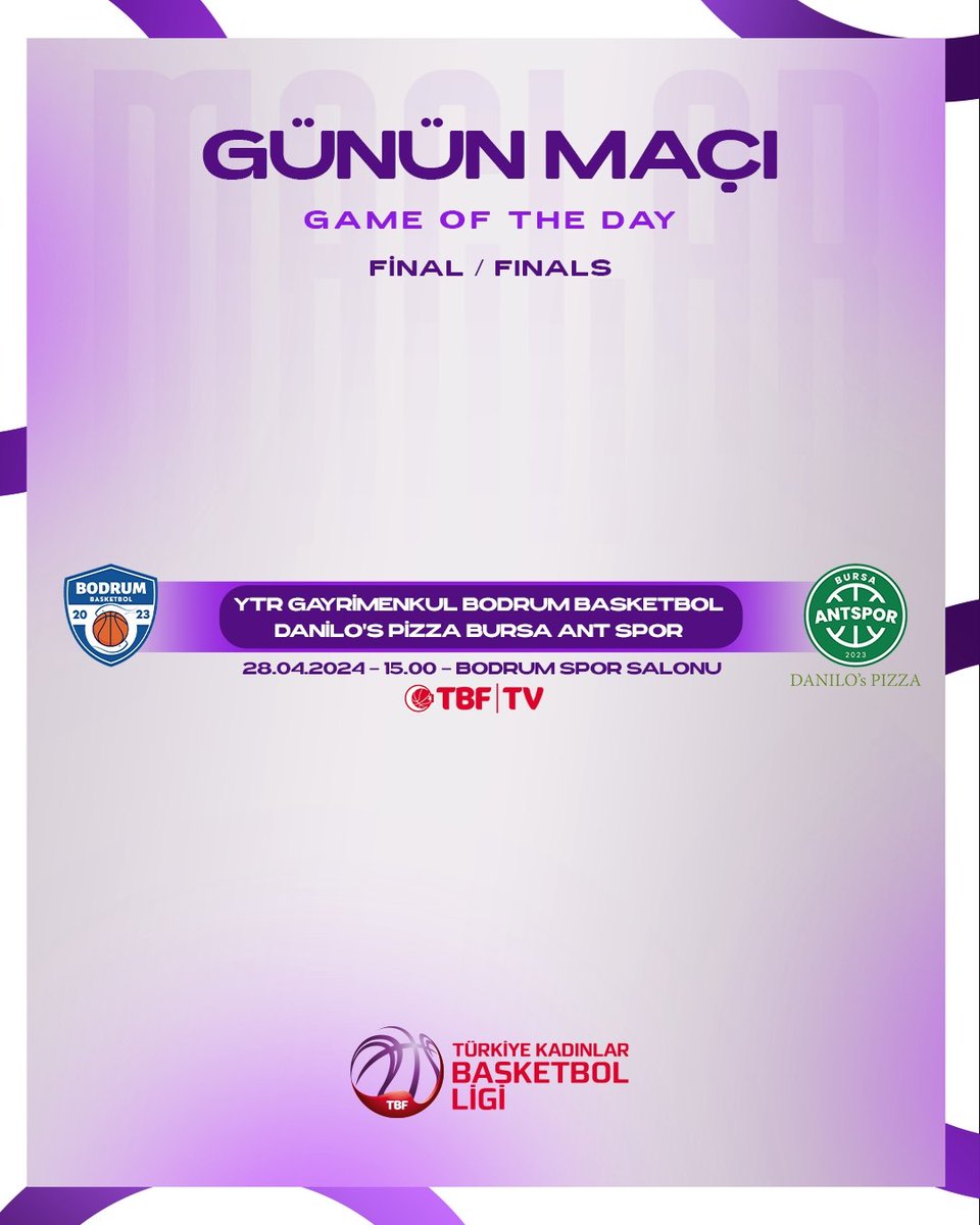 🏀 Türkiye Kadınlar Basketbol Ligi'nde playoff final heyecanı, bugün oynanacak YTR Gayrimenkul Bodrum Basketbol - Danilo's Pizza Bursa Ant Spor maçıyla devam ediyor! 🗓️ İşte playoff’ta günün programı: #ŞimdiBizimZamanımız #ItsOurTimeNow