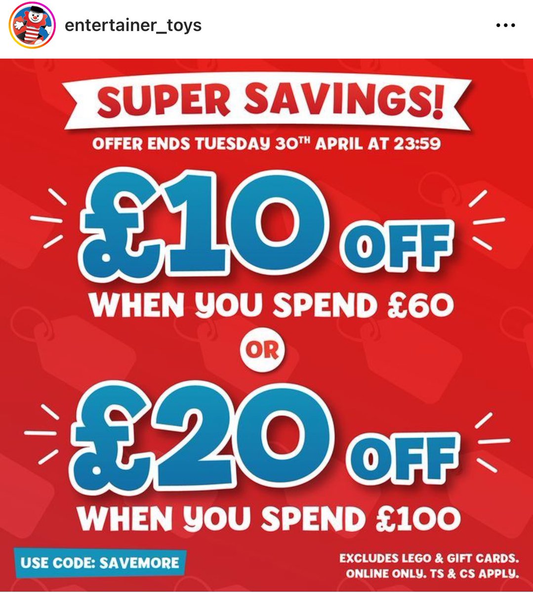 Here’s a lovely offer to save some money @EntertainerToys #EntertainerToys 😁👍🏻 It’s a pity that it doesn’t include #Lego 🤔 Hopefully next time!!

#TheEntertainer
#ToyShop
#ToyShops
#Toys
#ToyHunter
#ToyHunting