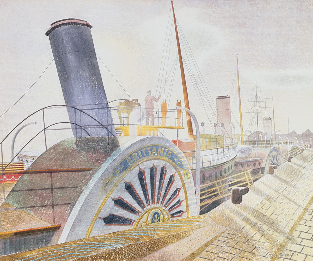 Paddle Steamers, Bristol Quay, Eric Ravilious, 1938. It depicts Paddle steamers operated by P&A Campbell, which were moored up for winter. The original artwork is in a private collection. #Bristol