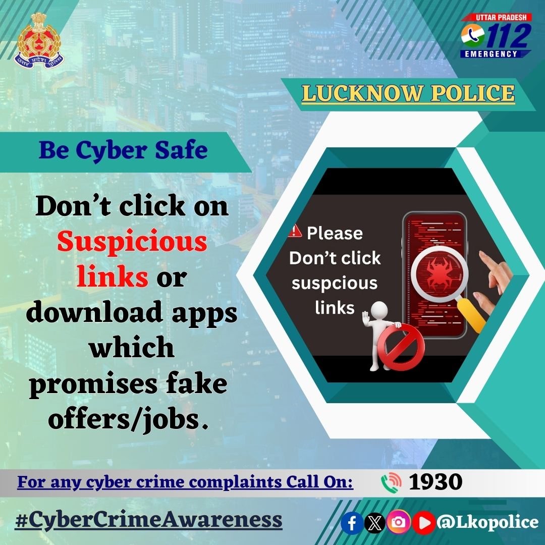 Don't Click on Suspicious Links..

Be Careful, What you click,
Be Cyber Safe.

#CyberCrimeAwareness