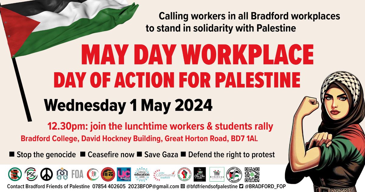 Calling members and the wider community! The next workplace day of action for Gaza is the 1st May at lunch time. Meet OUTSIDE the college grounds.