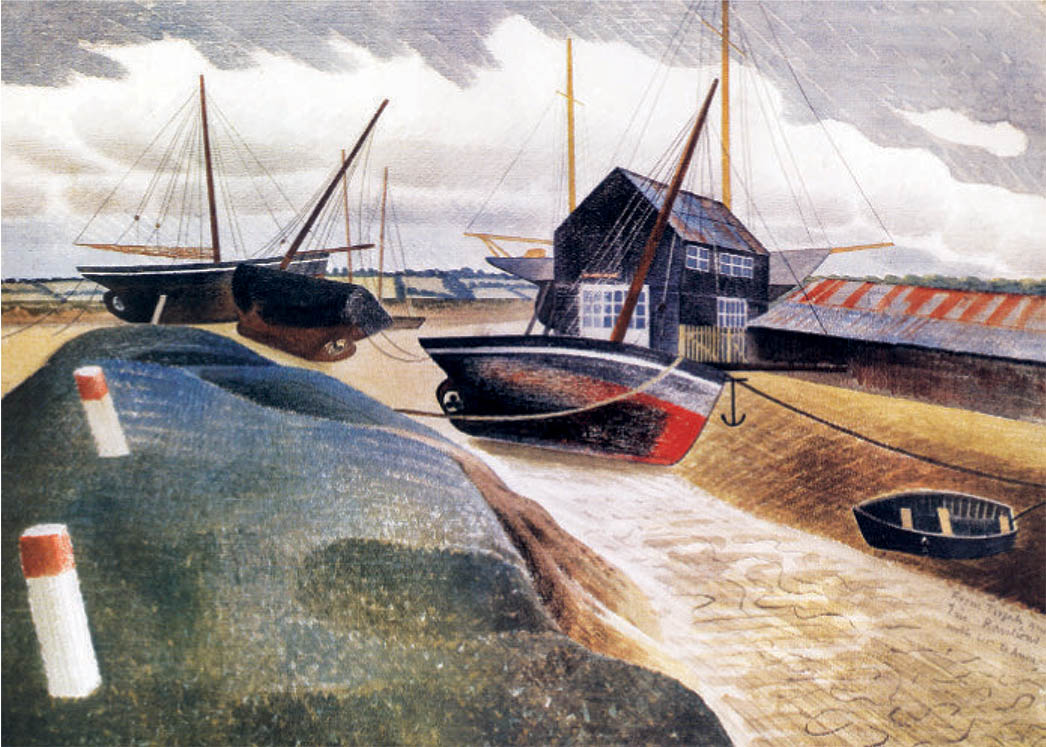 Fishing Boats, Eric Ravilious, 1938. It was painted at Tollesbury, #Essex. The original artwork is believed to be in a private collection.