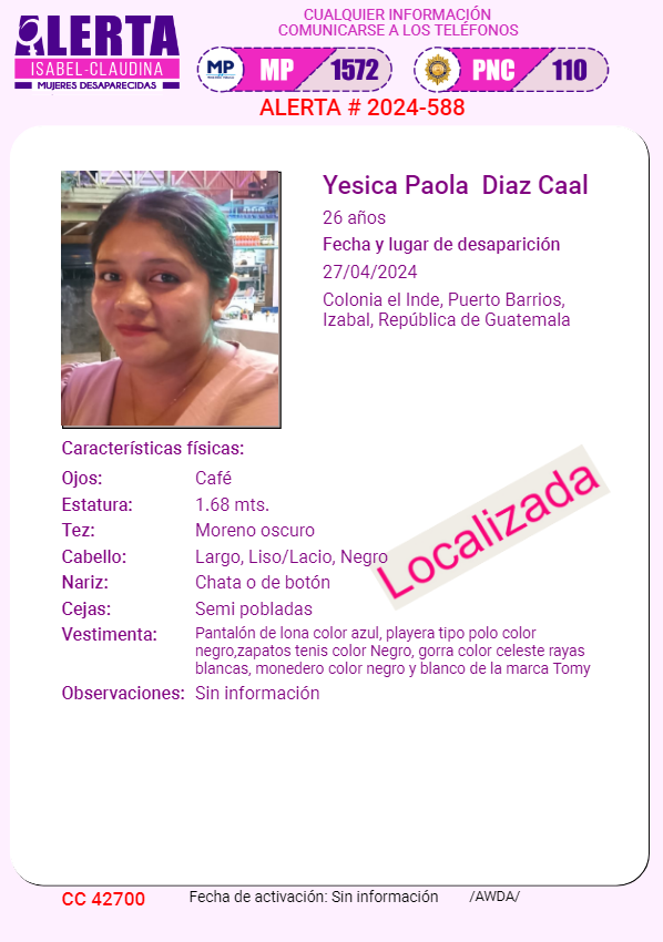 #AlertaIsabelClaudina
📣 Localizada❗
YESICA PAOLA DIAZ CAAL
Ha sido localizada 📌
Agradecemos haber compartido la información 👌🏼