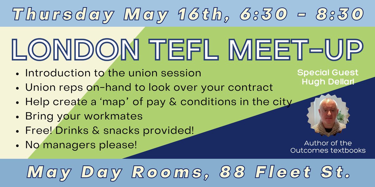 Join your #union as we map out pay & conditions in the capital! 🗓️ 16.05.24 ⏰ 6:30-8:30pm 🤓 Special guest @hughdellar 📍@maydayrooms 🍕&🥤for all! ✍️ RSVP: eventbrite.com/e/london-tefl-…