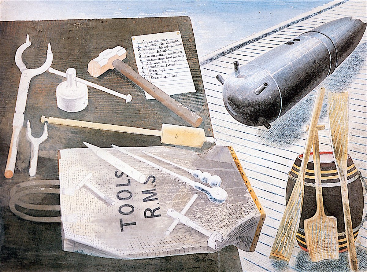 Bomb Defusing Equipment, Eric Ravilious, 1940. It dates from his period as an Official War Artist observing Royal Naval Bomb Disposal units in #Kent at the start of #WW2. The original artwork is in the collection of @TownerGallery.