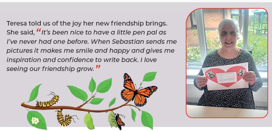 Some of our residents have pen pals that have been organised through Crafting Connections, an intergenerational programme pairing residents with children through a monthly arts and crafts exchange. Theresa, one of our residents, was featured in their magazine this month!