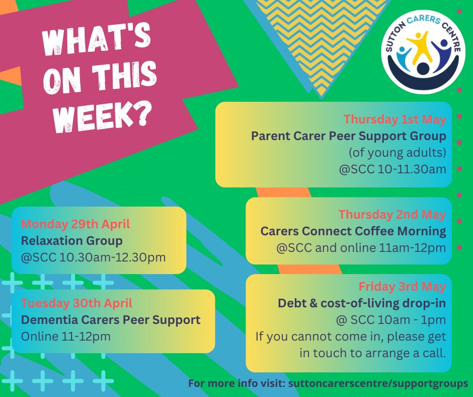 Get your diary out for our monthly #SupportGroup for #ParentCarers of young adults, as well as our weekly #unpaidCarer sessions for #wellbeing #socialising #DementiaCarers and #CostofLiving #advice.  Check our website for full details and to RSVP or to register for SCC services☺️
