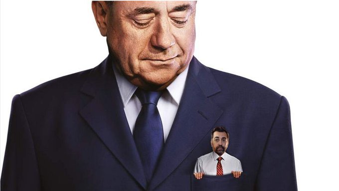 Graphic of Alex Salmond looking down as Humza Yousaf peers out of his pocket.