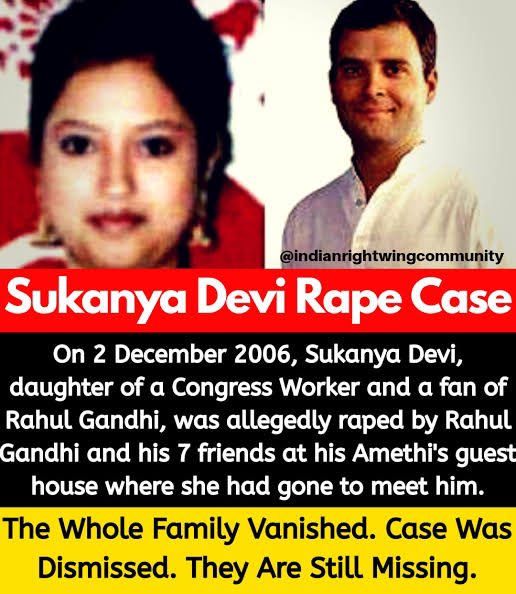 @INCIndia If @iPrajwalRevanna has done what is alleged by @INCIndia, than SIT should investigate and quickly come out with findings. However Congress should explain what happened to #SukanyaDevi who was allegedly gang-raped by @RahulGandhi & his friends in #Amethi. She is still missing!