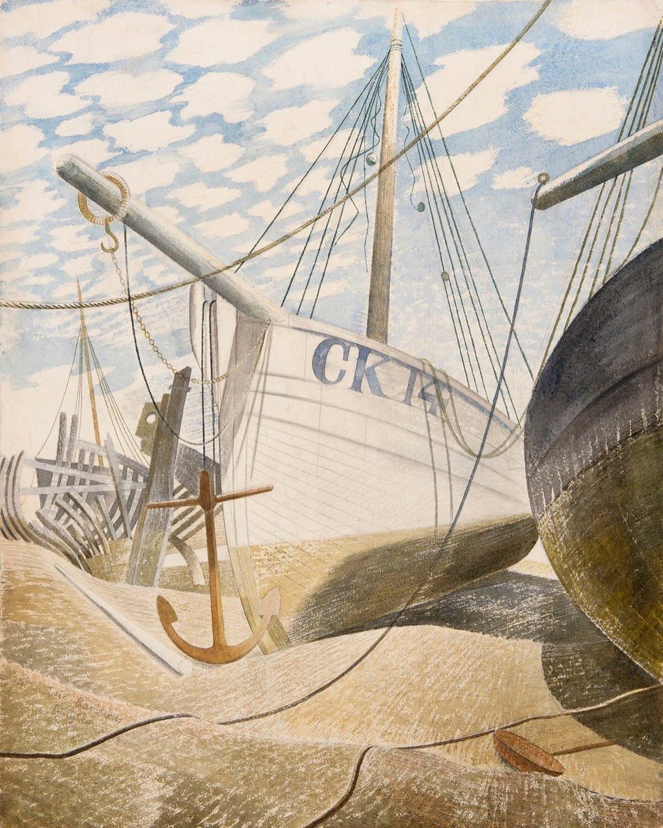 Mackerel Sky, Eric Ravilious, 1938. Painted at Tollesbury in #Essex. Thought lost, it is now known to be in a private collection, was exhibited for the first time in many years in 2021 and is currently on display at @TownerGallery.