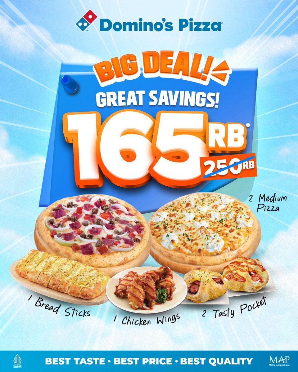 BIG DEAL, GREAT Savings 165 ribuan bisa untuk s.d 6 orang. Sekali pesan temasuk 2 Medium Pizza 3 Sides 1 Dessert. orderonline https t.co Oy9vosyy8Y call 1500366 dominosappaja halal https t.co bmZHfSikCA BIG DEAL, GREAT Savings 165 ribuan bisa untuk s.d 6 orang. Sekali pesan temasuk 2 Medium Pizza 3 Sides 1 Dessert
