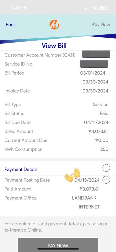 @meralco I do not have electricity right now. Thinking I missed my payment, I paid the amount of ₱3,073.81 via the Landbank app.

But upon checking, I’ve paid the same amount last April 12 and which was posted last April 15. (1/2)