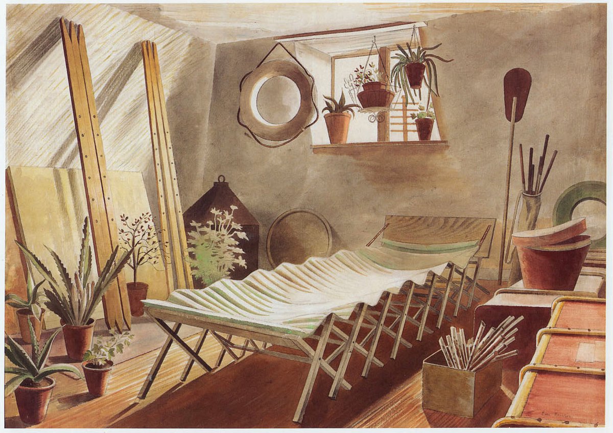 The Attic Bedroom at Brick House, Eric Ravilious, 1932. This was painted at Great Bardfield in #Essex, and the original artwork is in the collection of @FryArtGallery.