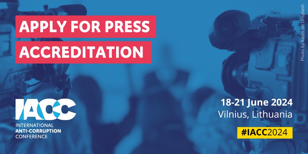 Don't forget to apply for your press accreditation for the #IACC2024!

Register now for full access to the largest forum for anti-corruption in the world. See you in Vilnius, Lithuania, from 18-21 June!

➡️ anticorru.pt/2YA
