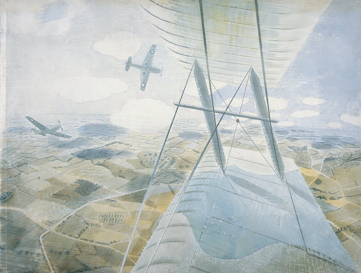 Hurricanes in Flight, Eric Ravilious, 1942. Depicting the view from an RAF Tiger Moth, the aircraft appear to be Mustangs, not Hurricanes. But what an amazing tapestry below! The original artwork is in a private collection. #WW2 #VEDay