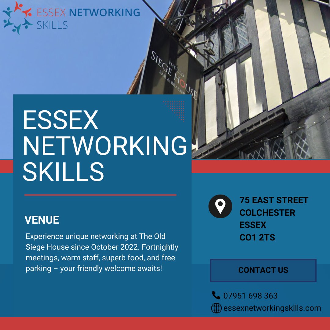 Step into unparalleled networking at The Old Siege House since October 2022. Warm staff, superb cuisine, and free parking - a friendly welcome awaits you

essexnetworkingskills.com
mark@essexworkskills.co.uk

#NetworkingVenue #essexbusinesses #businessesinsuffolk #networkmarketing