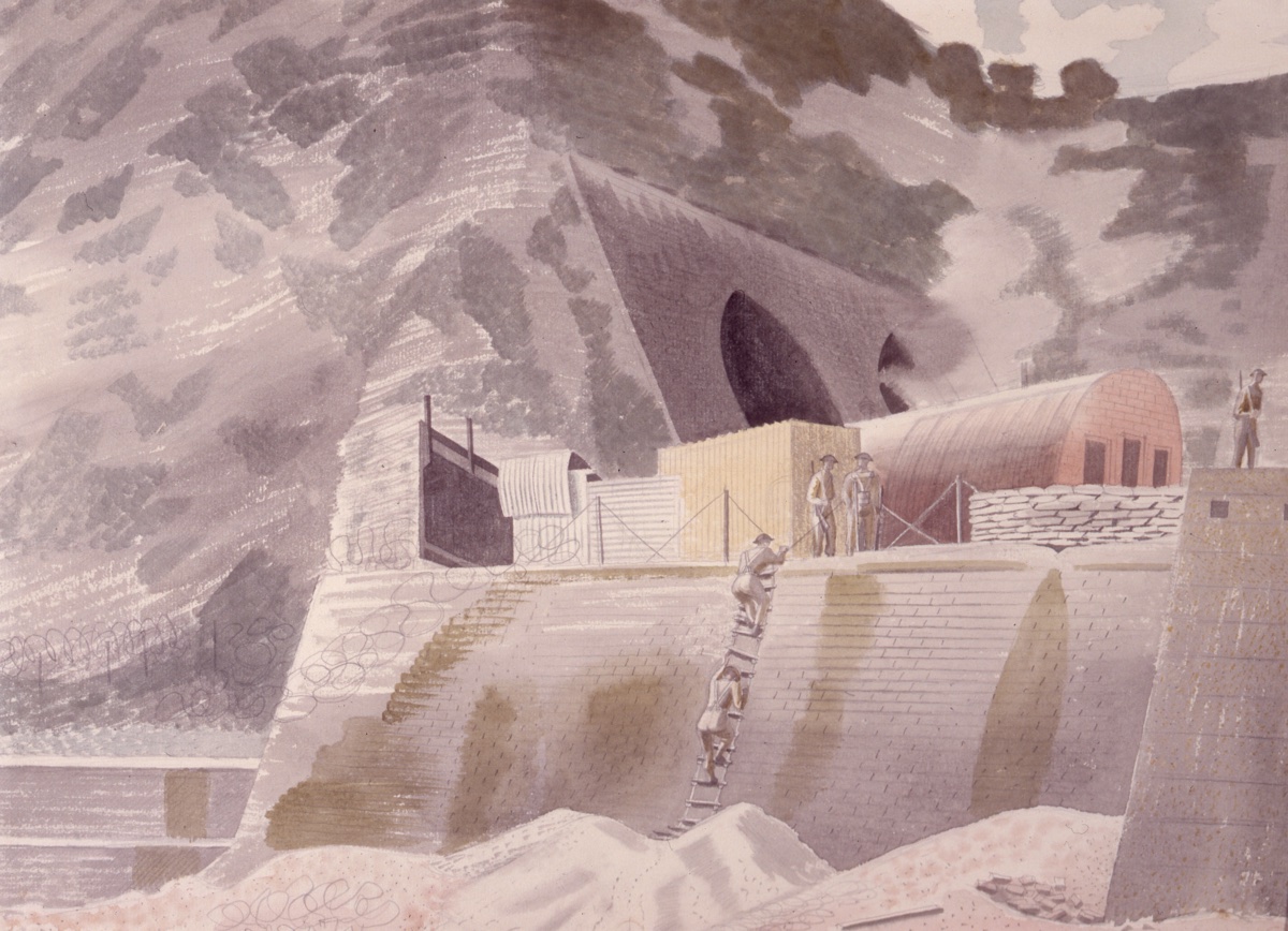 Guarding A Tunnel, Eric Ravilious, c.1941. The tunnel depicted is Shakespeare Tunnel on the South Eastern Main Line to Folkestone in #Kent. The original artwork is in the collection of @mcrartgallery. #WW2