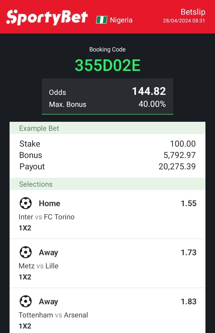 SportyBet ❤️ 10 ODDS: 36F550AF 32 ODDS: 8CE73E0 144 ODDS: 355D02E For More Tips Join Telegram Here👉🏾 t.me/+t6a-hycGqkhjZ… Good luck 🤞🏾 Stake Responsible 🔞 @Ekitipikin @metuchizzy @LouieDi13 @_kennyblaze1391 @winnerbet7