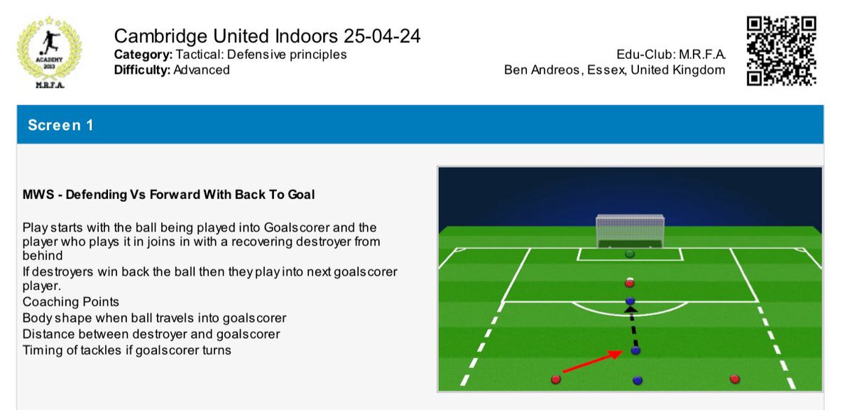 My @SundayShare10 is working on defending against a forward with back to goal and a recovery run. Using @SSPlanner @CoachesVoice #SundayShare #coaching #defending #recovery