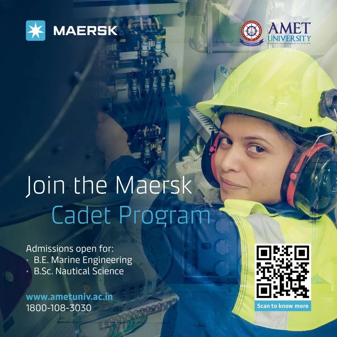 Navigate a successful future with Maersk's Cadetship Program

Admission are now open!

#ametinternational #AmetUniversity #ametist #Maersk