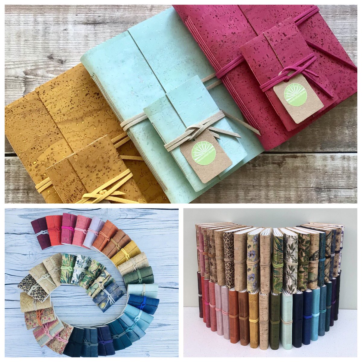 The colours of spring 🌼🌸🌿 And all the other seasons we’re experiencing! 🤷🏼‍♀️ Tactile and tough cork journals, covered with sustainably harvested cork and filled with recycled paper. Eco friendly and #vegan. #UKGiftHour #UKGiftAM #ShopIndie #GiftIdeas etsy.com/uk/shop/Crafte…