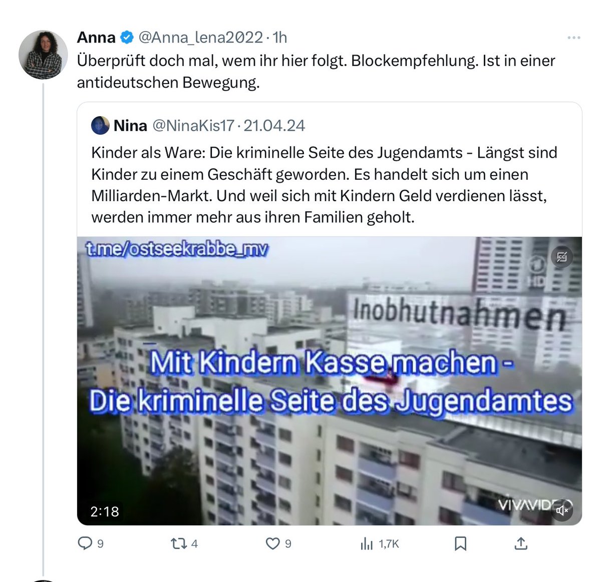 Das ist Anna, sie ruft auf, alle zu blockieren,die sich gegen Pädophilie aussprechen! 
Für sie sind Gegner sogar „antideusche Bewegung“! WTF