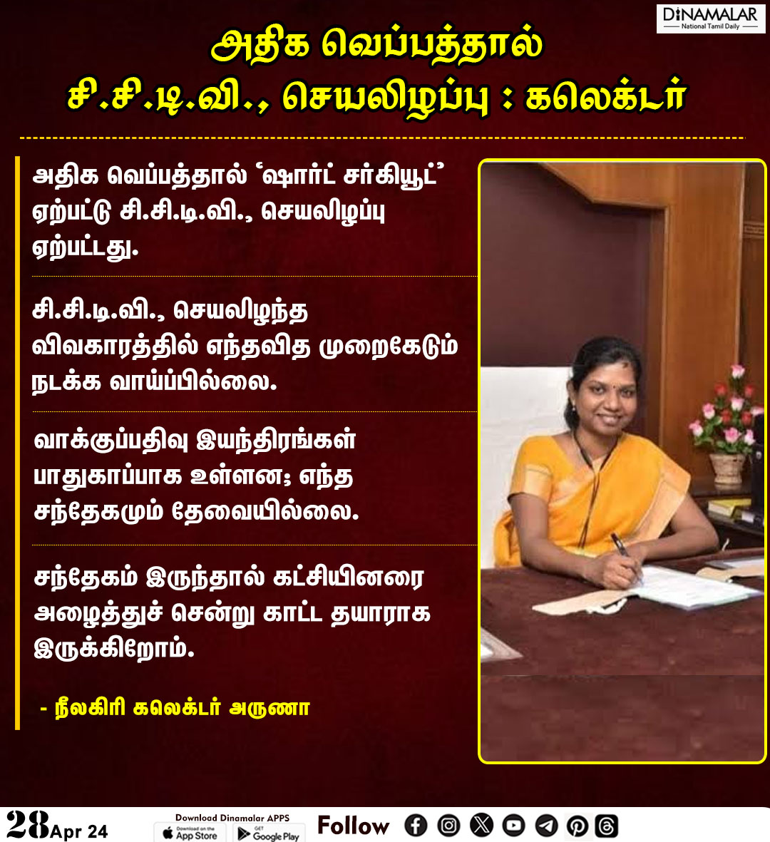 dinamalarweb's tweet photo. அதிக வெப்பத்தால் சி.சி.டி.வி., செயலிழப்பு : கலெக்டர்
#cctvdamage| #nilgiricollector |#votemachine
https://t.co/y4W3uzOopr https://t.co/UEPCZ5T3yN